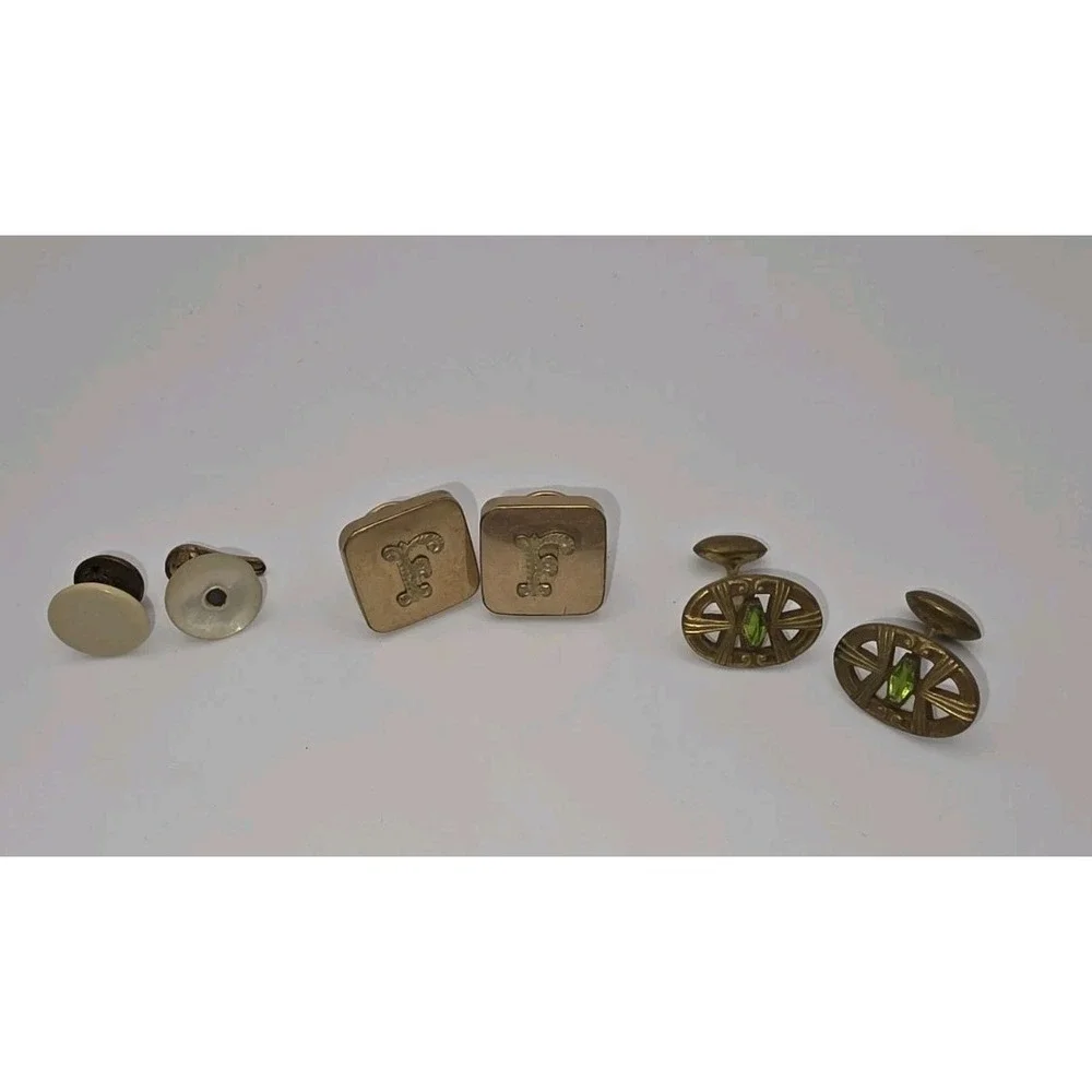 Vintage Gold Toned Cuff links Filigreen Green Glass Lot Monogram F